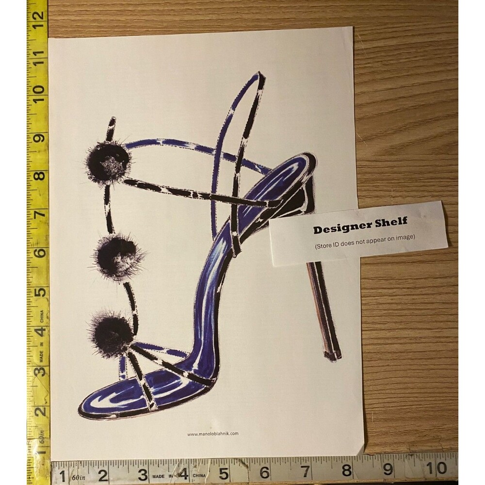 Manolo Blahnik Blue & Black Feather Heel Shoes Illustrated Print Advertisement